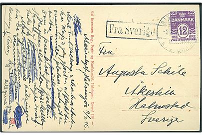 12 øre Bølgelinie på brevkort fra Helsingør annulleret med svagt bureaustempel Sjællandske Kystbane d. 3.7.1926 T.418 og sidestemplet Fra Sverige til Halmstad, Sverige.