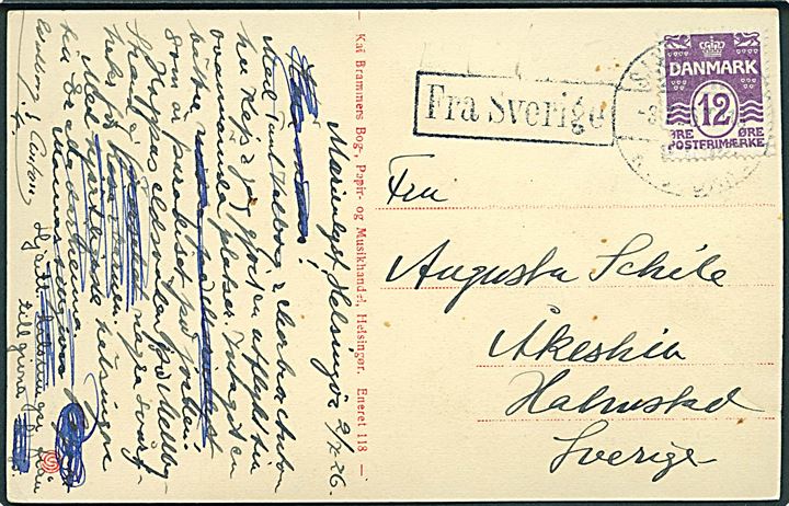 12 øre Bølgelinie på brevkort fra Helsingør annulleret med svagt bureaustempel Sjællandske Kystbane d. 3.7.1926 T.418 og sidestemplet Fra Sverige til Halmstad, Sverige.