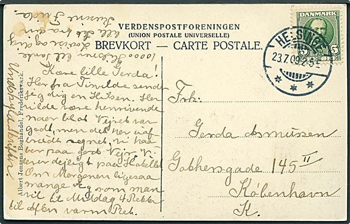 5 øre Fr. VIII på brevkort (Tisvilde. Slugten ved Helene Kilde) annulleret med brotype Ia Helsinge d. 23.7.1909 til København.