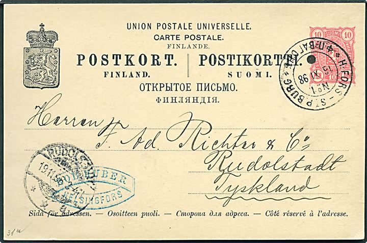 10 pen. helsagsbrevkort fra Helsingfors annulleret med bureaustempel H:Fors - St P:Burg No. 1 d. 16.11.1898 til Rudolstadt, Tyskland.