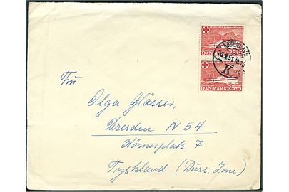 25+5 øre Hospitalsskibet Jutlandia i parstykke på brev fra København d. 26.9.1951 til Dresden, Tyskland.