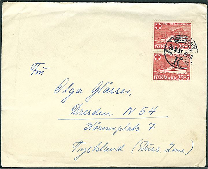25+5 øre Hospitalsskibet Jutlandia i parstykke på brev fra København d. 26.9.1951 til Dresden, Tyskland.