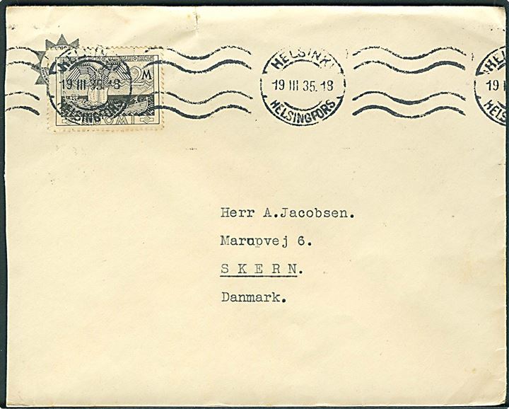 2 mk. Kalevala single på brev fra Helsingfors d. 19.3.1935 til Skjern.