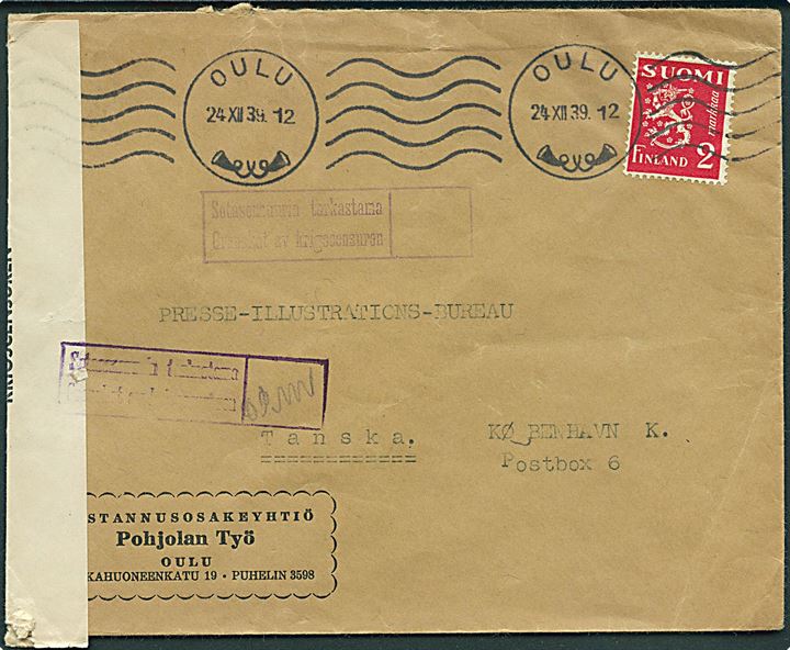 2 mk. Løve på brev fra Oulu d. 24.12.1939 til København, Danmark. Åbnet af finsk censur.
