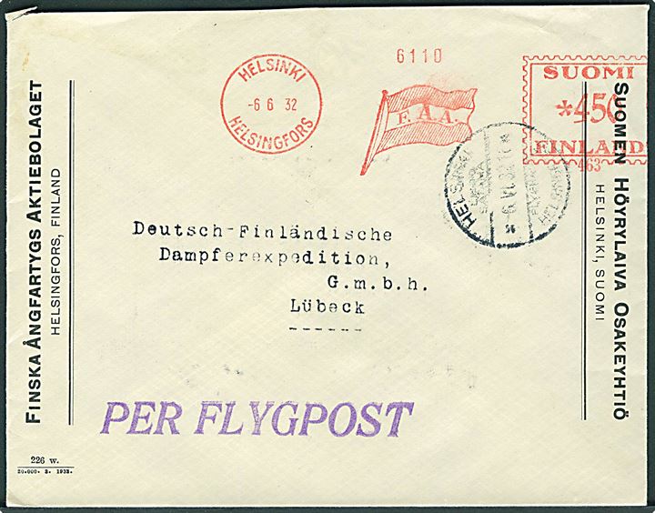 4,50 mk. firmafranko på luftpostbrev fra Finska Ångfartygs Aktiebolag i Helsingfors d. 6.6.1932 til Lübeck, Tyskland.