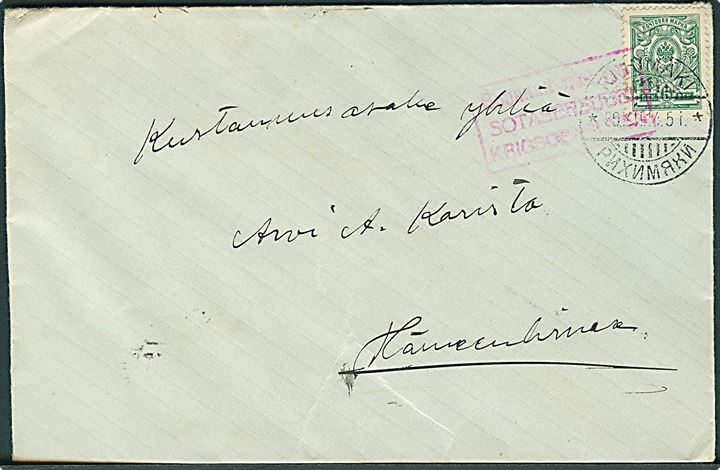 5 pen. Våben på brev fra Riihimäki d. 29.12.1914 til Hämeenlinna. Rød 3-sproget censur.
