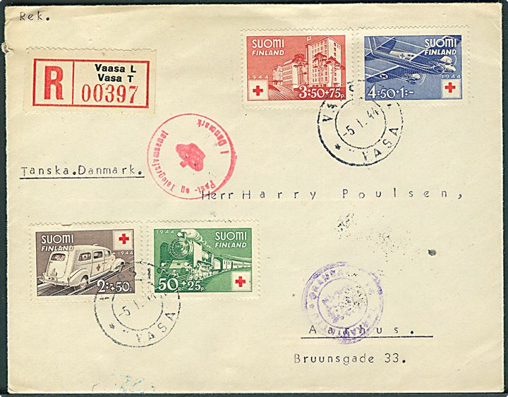Komplet sæt Røde Kors udg. på anbefalet brev fra Vasa d. 5.1.1944 til Aarhus, Danmark. Både finsk og dansk censur.