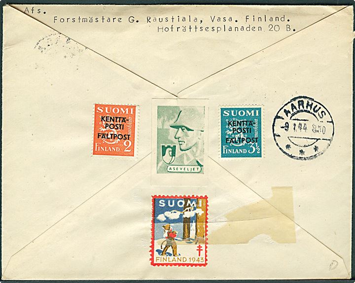 Komplet sæt Røde Kors udg. på anbefalet brev fra Vasa d. 5.1.1944 til Aarhus, Danmark. Både finsk og dansk censur.