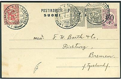 60/40 pen. provisorisk helsagsbrevkort opfrankeret med 5 pen. (2) og 10 pen. Løve fra Willmanstrand d. 23.10.1923 til Bremen, Tyskland.