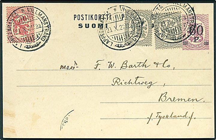 60/40 pen. provisorisk helsagsbrevkort opfrankeret med 5 pen. (2) og 10 pen. Løve fra Willmanstrand d. 23.10.1923 til Bremen, Tyskland.