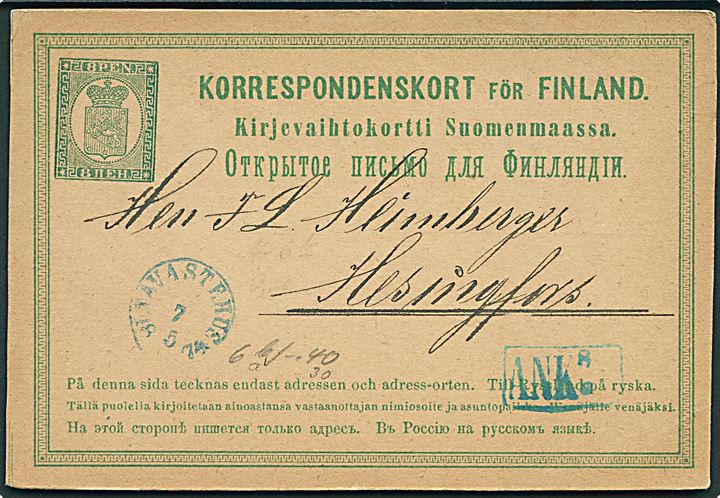 8 pen. helsagsbrevkort med blåt stempel Tavastehus d. 7.5.1874 til Helsingfors.