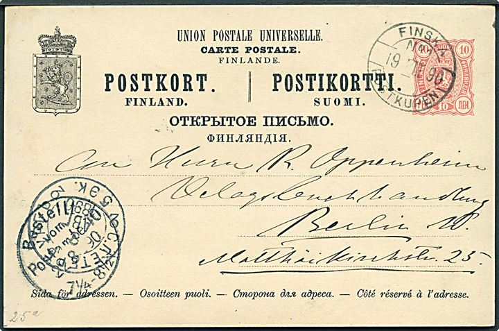 10 pen. helsagsbrevkort fra Helsingfors annulleret Finska Postkupen no. 1 d. 19.8.1890 via St. Petersburg til Berlin, Tyskland.