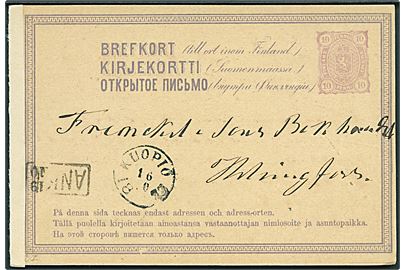 10 pen. helsagsbrevkort stemplet Kuopio d. 16.10.1877 til Helsingfors.