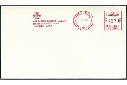 230 øre firmafranko Sct. Georgs Gilderne i Danmark .../København (H1036) d. 1.11.1984 på uadresseret kuvert.