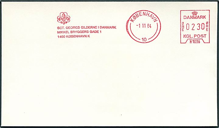 230 øre firmafranko Sct. Georgs Gilderne i Danmark .../København (H1036) d. 1.11.1984 på uadresseret kuvert.