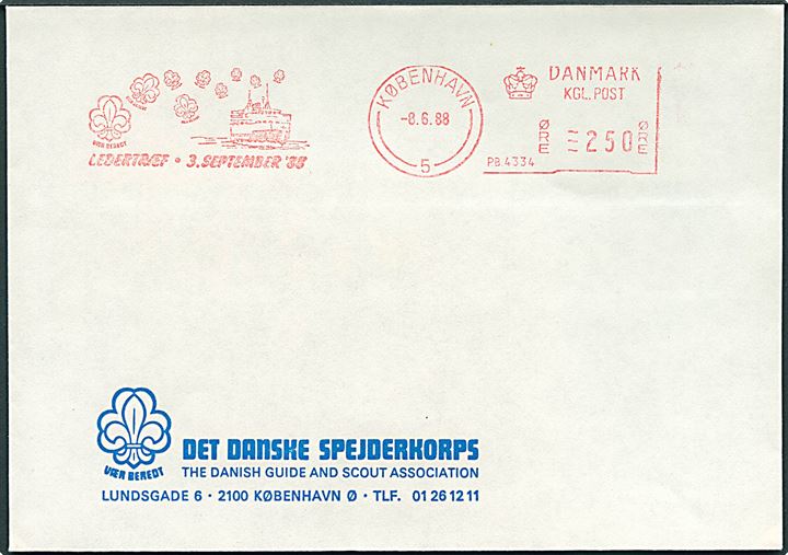 250 øre firmafranko Ledertræf - 3. September '88/København (PB4334) d. 8.6.1988 på uadresseret fortrykt kuvert fra Det danske Spejderkorps.