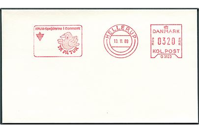 320 øre firmafranko KFUM-Spejderne i Danmark Ta' på tur/Hellerup (G3123) d. 13.11.1989 på uadresseret kuvert.