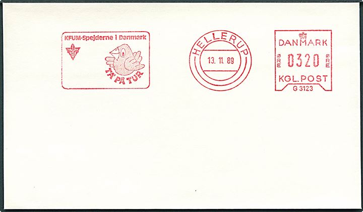 320 øre firmafranko KFUM-Spejderne i Danmark Ta' på tur/Hellerup (G3123) d. 13.11.1989 på uadresseret kuvert.