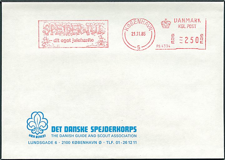 250 øre firmafranko Spejderjul - dit eget julehæfte/København (P.B.4334) d. 21.11.1985 på uadresseret fortrykt kuvert fra Det danske Spejderkorps.
