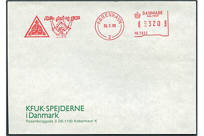 320 øre firmafranko Aktiv glad og grøn/København (P.B.7832) d. 30.3.1989 på uadresseret fortrykt kuvert fra KFUK-Spejderne i Danmark.