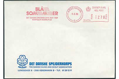 270 øre firmafranko Blå Sommer Det danske Spejderkorps 1909-1989 Korpslejr Hostrup Sø/København (P.B.4334) d. 5.9.1988 på uadresseret fortrykt kuvert fra Det danske Spejderkorps.