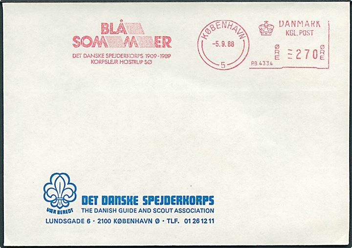 270 øre firmafranko Blå Sommer Det danske Spejderkorps 1909-1989 Korpslejr Hostrup Sø/København (P.B.4334) d. 5.9.1988 på uadresseret fortrykt kuvert fra Det danske Spejderkorps.