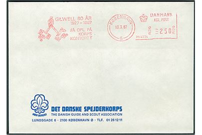 250 øre firmafranko Gilwell 60 år 1927-1987 Få opl. på korps kontoret/København (P.B.4334) d. 13.3.1987 på uadresseret fortrykt kuvert fra Det danske Spejderkorps.