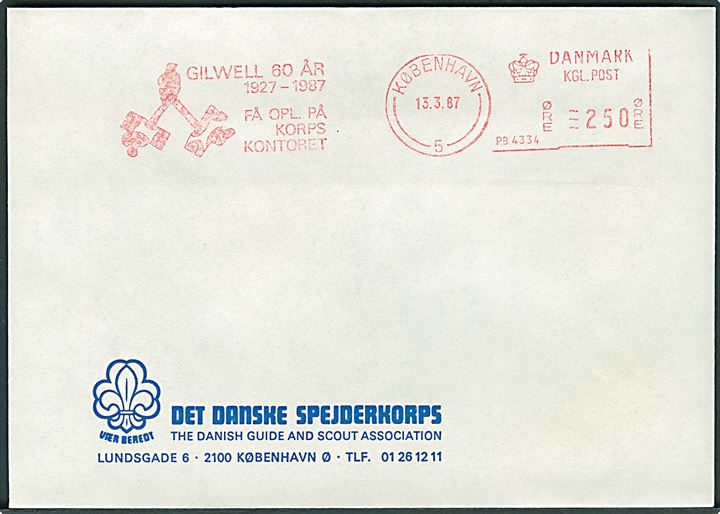 250 øre firmafranko Gilwell 60 år 1927-1987 Få opl. på korps kontoret/København (P.B.4334) d. 13.3.1987 på uadresseret fortrykt kuvert fra Det danske Spejderkorps.