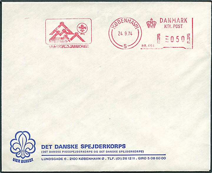 50 øre firmafranko Nordjamb75 14th World Jamboree/København (P.B.494) d. 24.9.1974 på uadresseret fortrykt kuvert fra Det danske Spejderkorps.