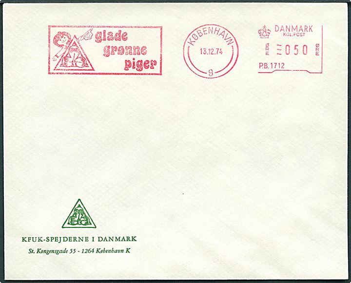 50 øre firmafranko glade grønne piger/København (P.B.1712) d. 13.12.1974 på uadresseret fortrykt kuvert fra KFUK-Spejderne i Danmark.