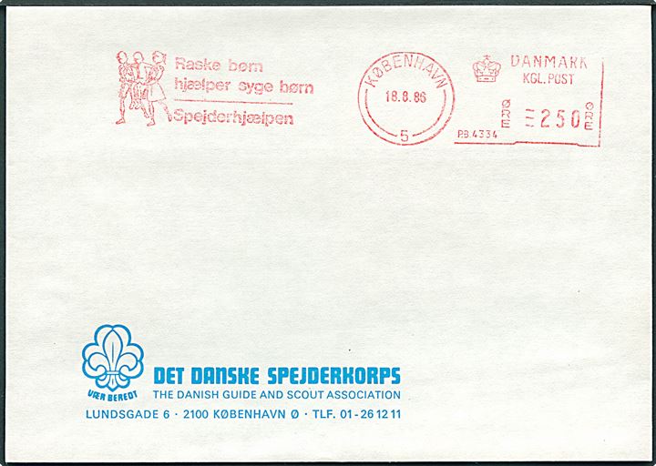 250 øre firmafranko Raske børn hjælper syge børn / Spejderhjælpen/København (P.B.4334) d. 18.8.1986 på uadresseret fortrykt kuvert fra Det danske Spejderkorps.