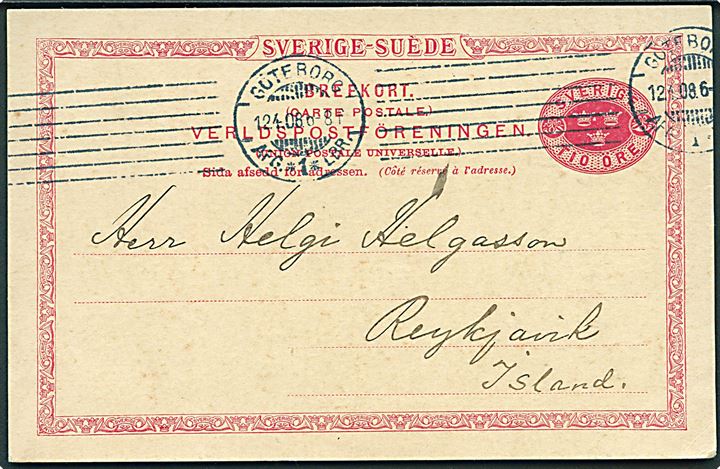 10 öre helsagsbrevkort fra Göteborg d. 12.4.1908 til Reykjavik, Island.