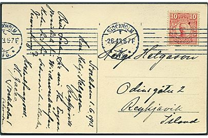 10 öre Gustaf på brevkort fra Stockholm d. 2.6.1913 til Reykjavik, Island.