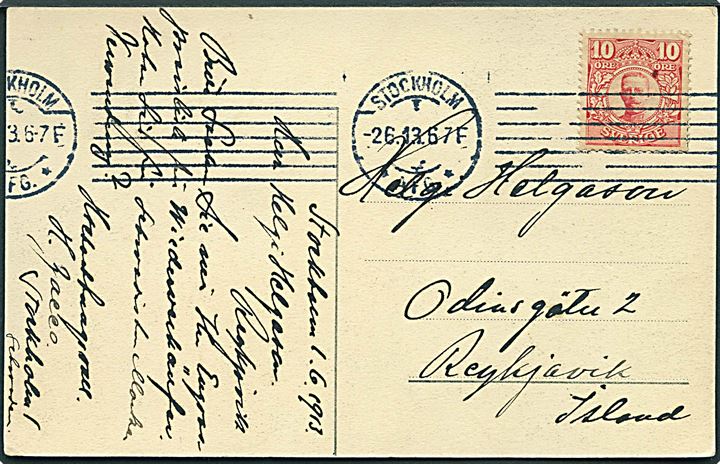 10 öre Gustaf på brevkort fra Stockholm d. 2.6.1913 til Reykjavik, Island.
