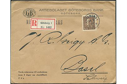 45 öre Gustaf single på anbefalet brev fra Göteborg d. 31.7.1934 til Basel, Schweiz.