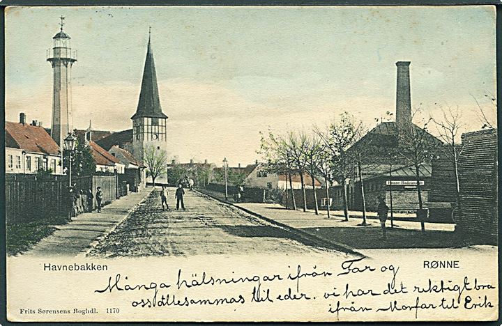 Havnebakken i Rønne med Fyrtårn, Bornholm. Frits Sørensens Boghandel no. 1170. Badeanstalt ses til højre. 