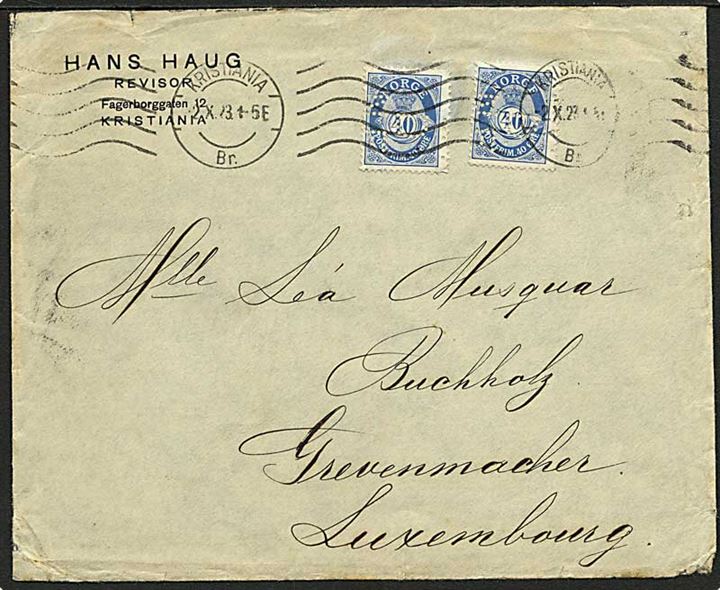40 øre Posthorn (2) med perfin D./N.F. (De Nordiske Fabrikker) på fortrykt kuvert fra revisor i Kristiania d. 2.10.1923 til Grevenmacher, Luxemburg. 