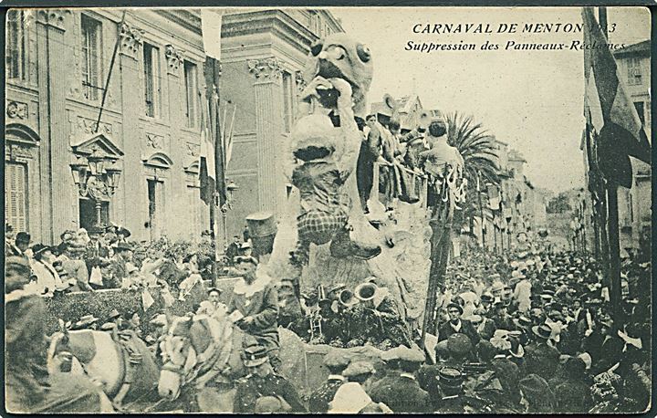 Carnaval de Menton 1913. Suppression des Panneaux - Réclames. U/no. (Afrevet mærke). 