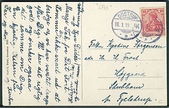 Egenmølle sø og huse. Carl C. Biehl no. 3205. Frankeret med 10 pfg. Germania og stemplet Döstrup d. 18.1.1919.