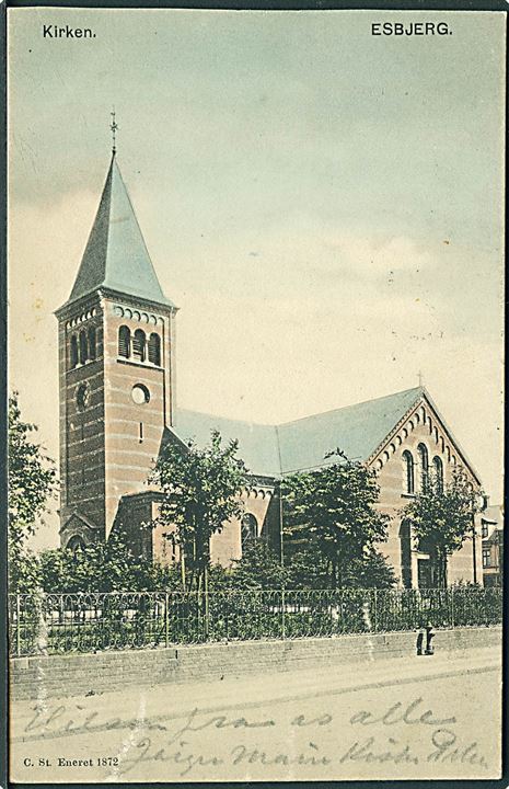 Kirken i Esbjerg. Stenders no. 1872. Frankeret med 1 øre Våben og 4 øre Tofarvet stemplet Nordby d. 21.8.1905 til København.