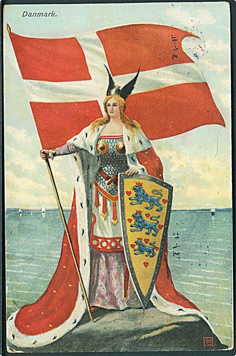 Danmark. Kvinde med dansk flag og våbenskjold. V. P. no. 220. 