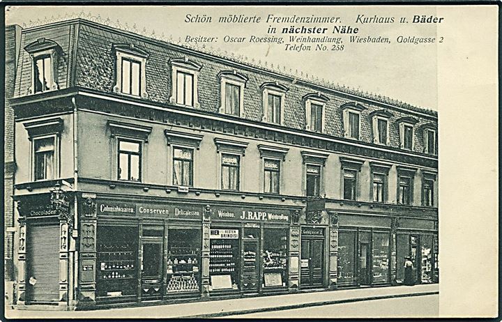 Schön möblierte Fremdenzimmer. Kurhaus u. Bäder in nächster Nähe. Wiesbaden, Tyskland. R. Konrady no. 915. Frankeret med 5 pfg. Germania stemplet Krausau d. 20.8.1905 til Flensburg.