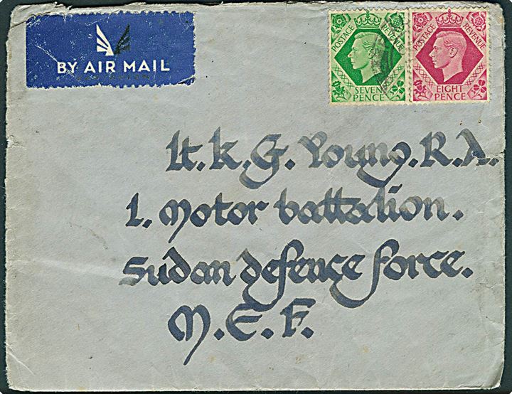 7d og 8d George VI på luftpostbrev annulleret med svagt stempel fra Ra.. ca. 1942 til officer i 1. Motor Bataillon, Sudan Defence Force, M.E.F.