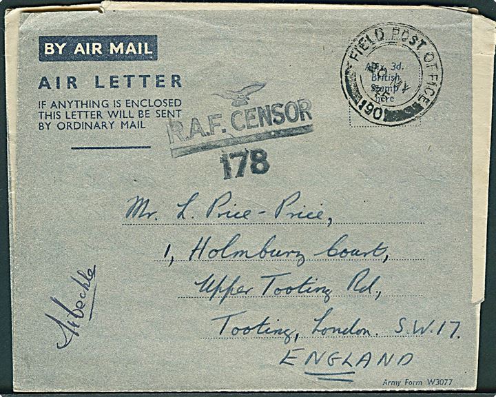 Ufrankeret Forces Air Letter stemplet Field Post Office 190 (= Port Tewfiq, Suez) d. 20.5.1945 til London. RAF Censor 178. Fra Sgt. i Royal Air Force med afsender APO 8490.