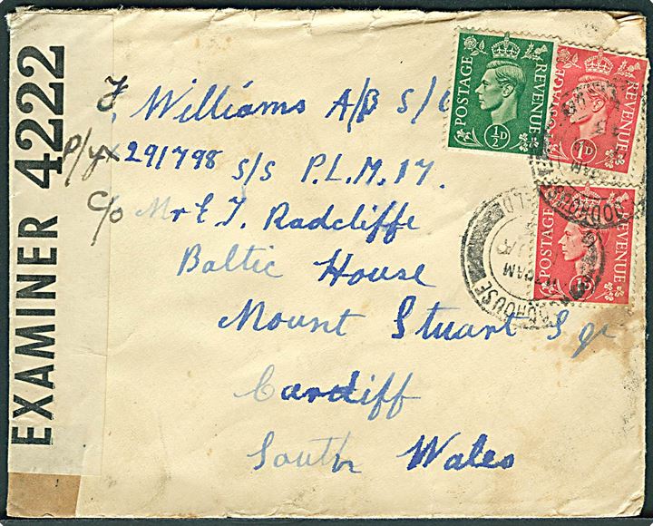 ½d og 1d (2) George VI på brev fra Woodhouse d. 11.1.1943 til britisk armed guard ombord på det beslaglagte franske handelsskib S/S P.L.M. 17 via Baltic House i Cardiff, England. Åbnet af britisk censur PC90/4222.