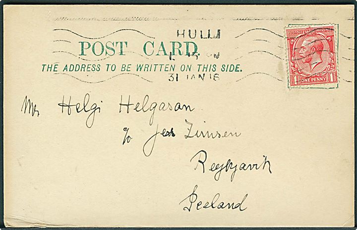 1d George V på brevkort fra Hull d. 31.1.1916 til Reykjavik, Island.
