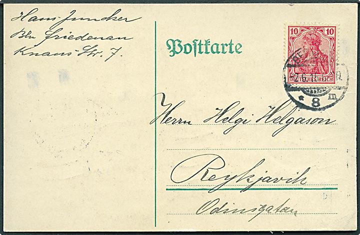 10 pfg. Germania på brevkort fra Berlin d. 2.6.1915 til Reykjavik, Island.Transit stemplet Kjøbenhavn B. d. 9.6.1915.