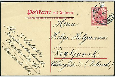 10 pfg. sørgedel af dobbelt helsagsbrevkort fra Karlsruhe d. 15.9.1914 via Kjøbenhavn til Reykjavik, Island.