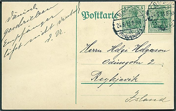 5 pfg. Germania i parstykke på brevkort fra Berlin d. 24.6.1916 til Reykjavik, Island.