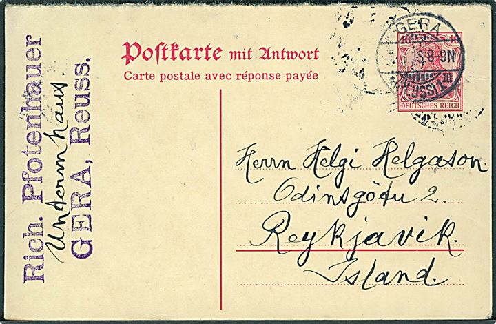 10 pfg. spørgedel af dobbelt helsagsbrevkort fra Gera d. 1.6.1913 til Reykjavik, Island.